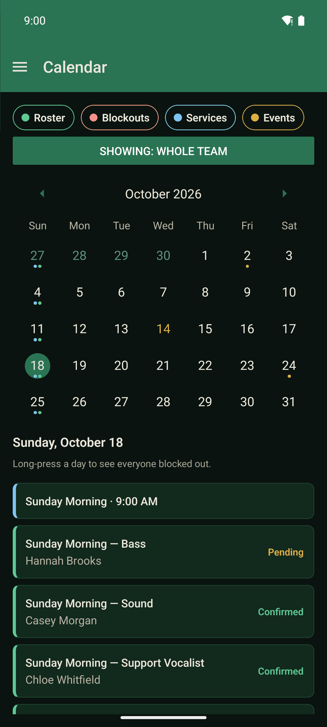 The calendar in the Servant's Heart app for October 2026, with Sunday, October 18 open: the 9:00 AM service and who is serving.