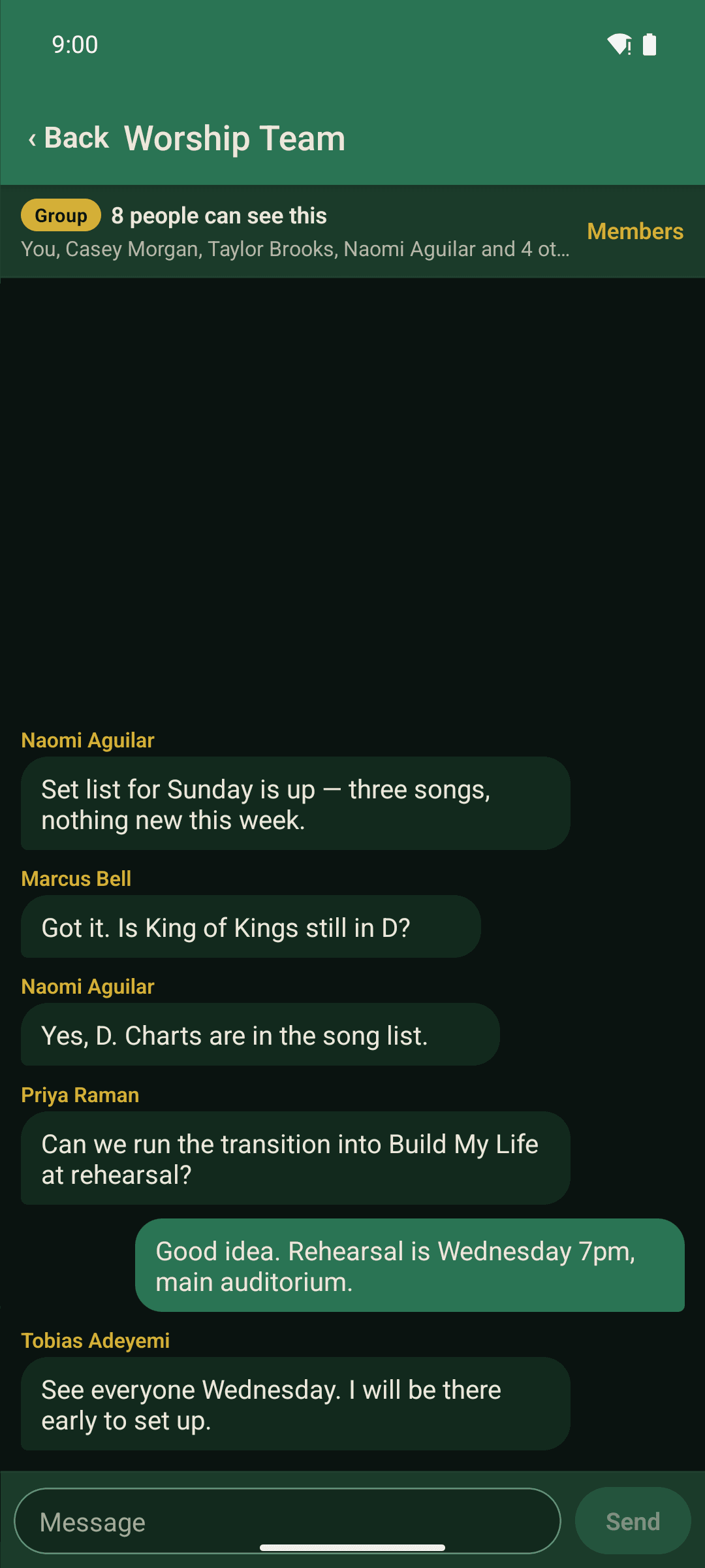 The chat screen in the Servant's Heart app, showing a team conversation.
