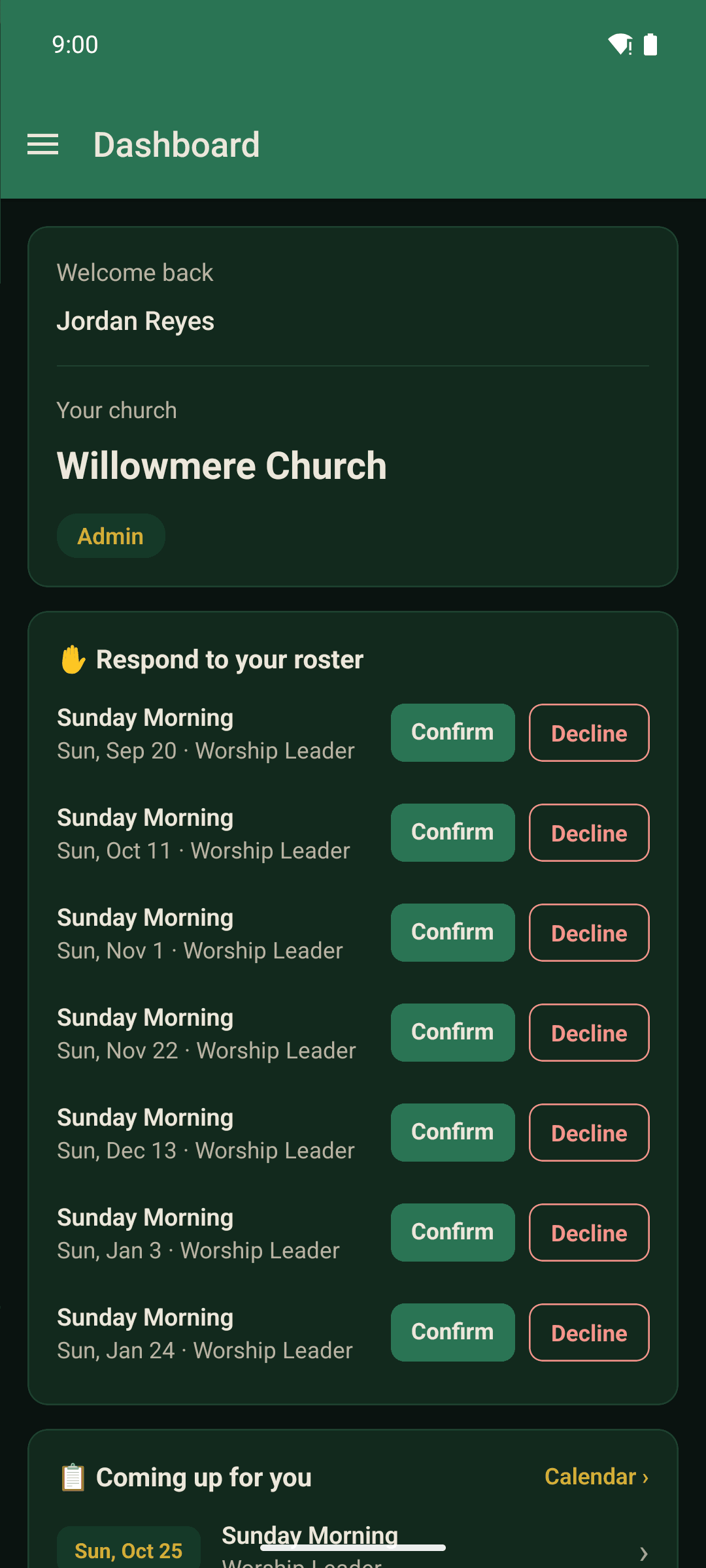 The Servant's Heart app open on a phone, showing the home screen with upcoming services to confirm or decline.
