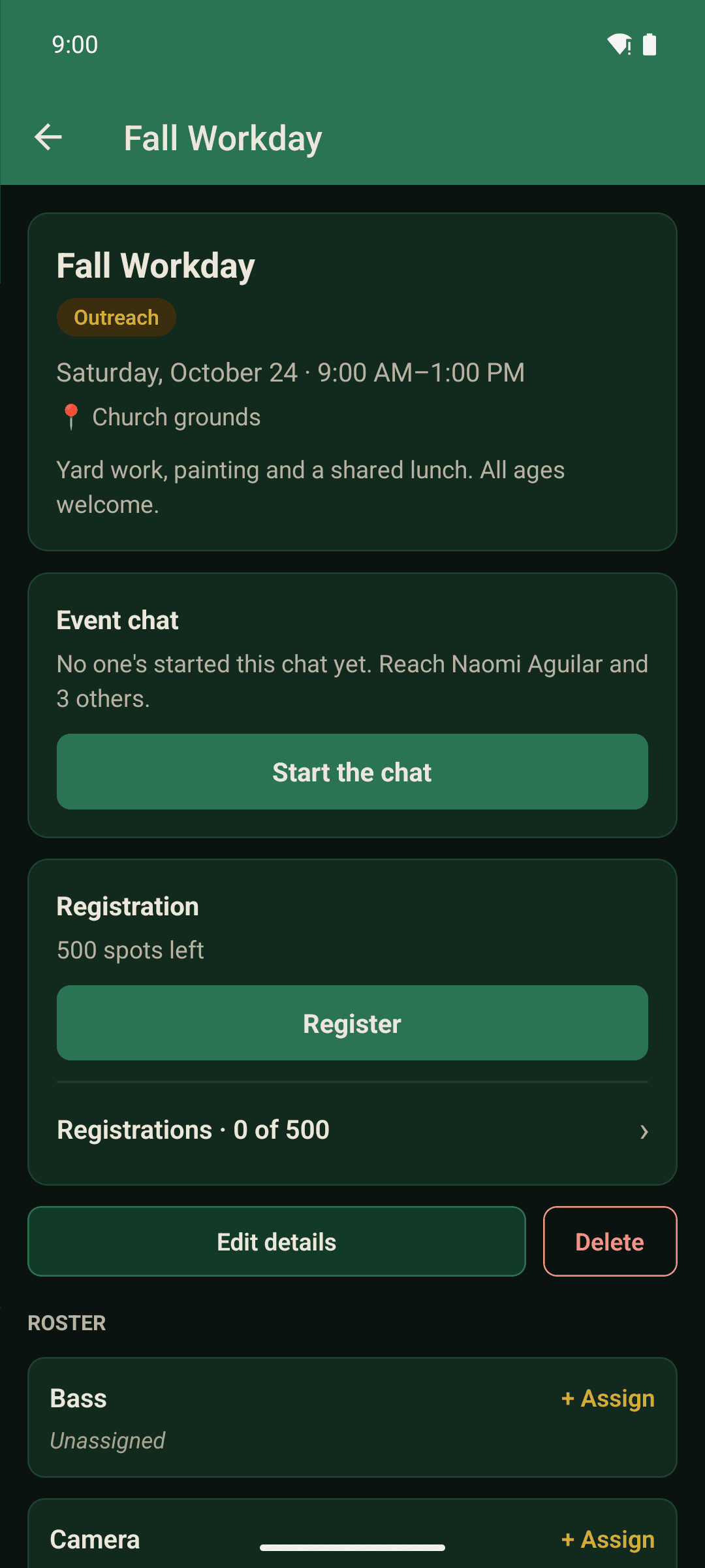 An upcoming event in the Servant's Heart app, with its date, time, place, registration and the serving positions to fill.