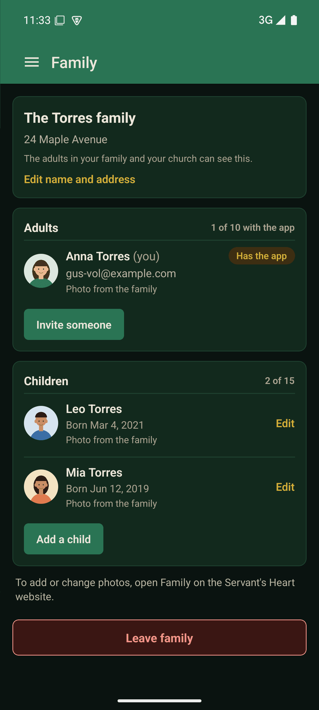 The Family screen in the Servant's Heart app, showing the adults and children in one family, each with a photo.