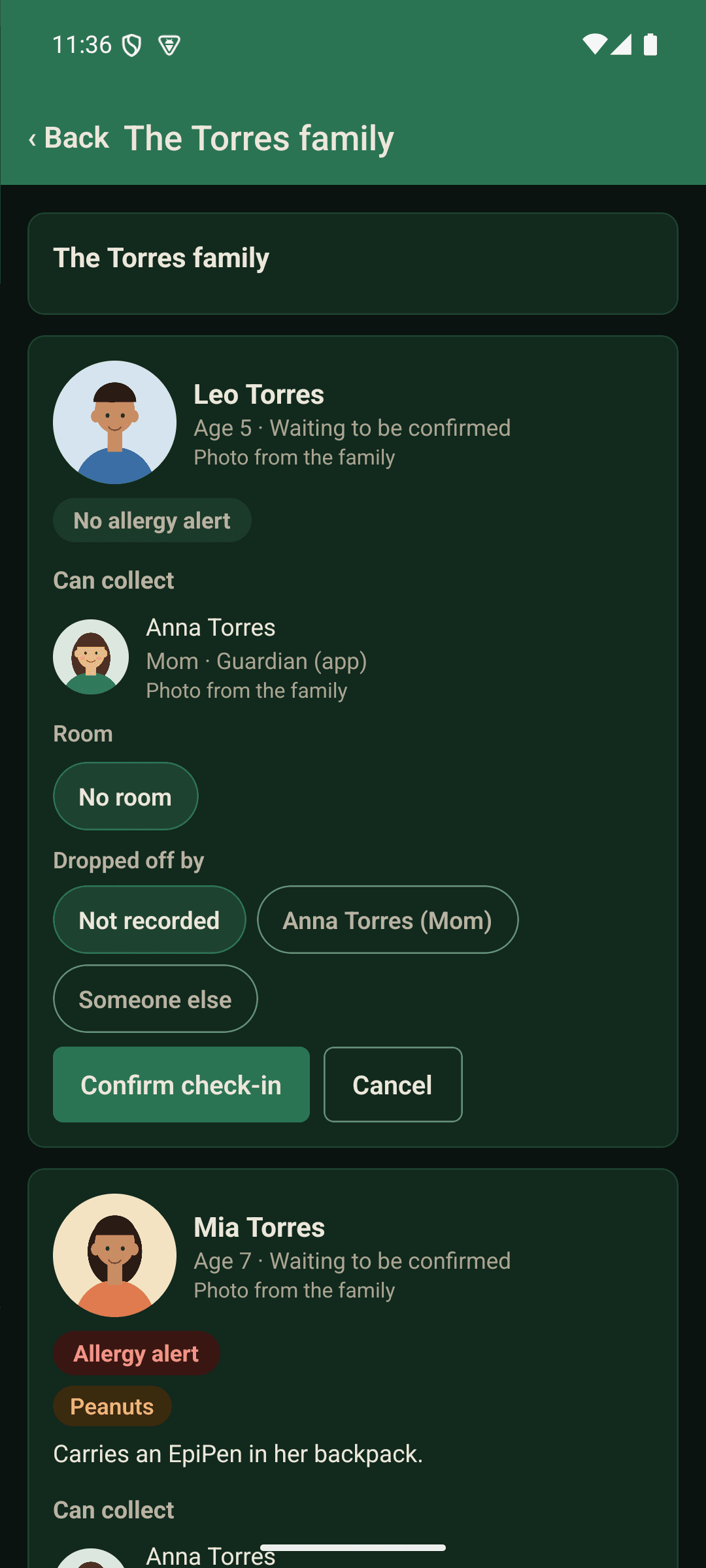 Two screens from the kids team's side of the Servant's Heart app: checking in a family's children, each with a photo and one with an allergy alert, and the pickup code screen showing the parent the code belongs to and the children being picked up.