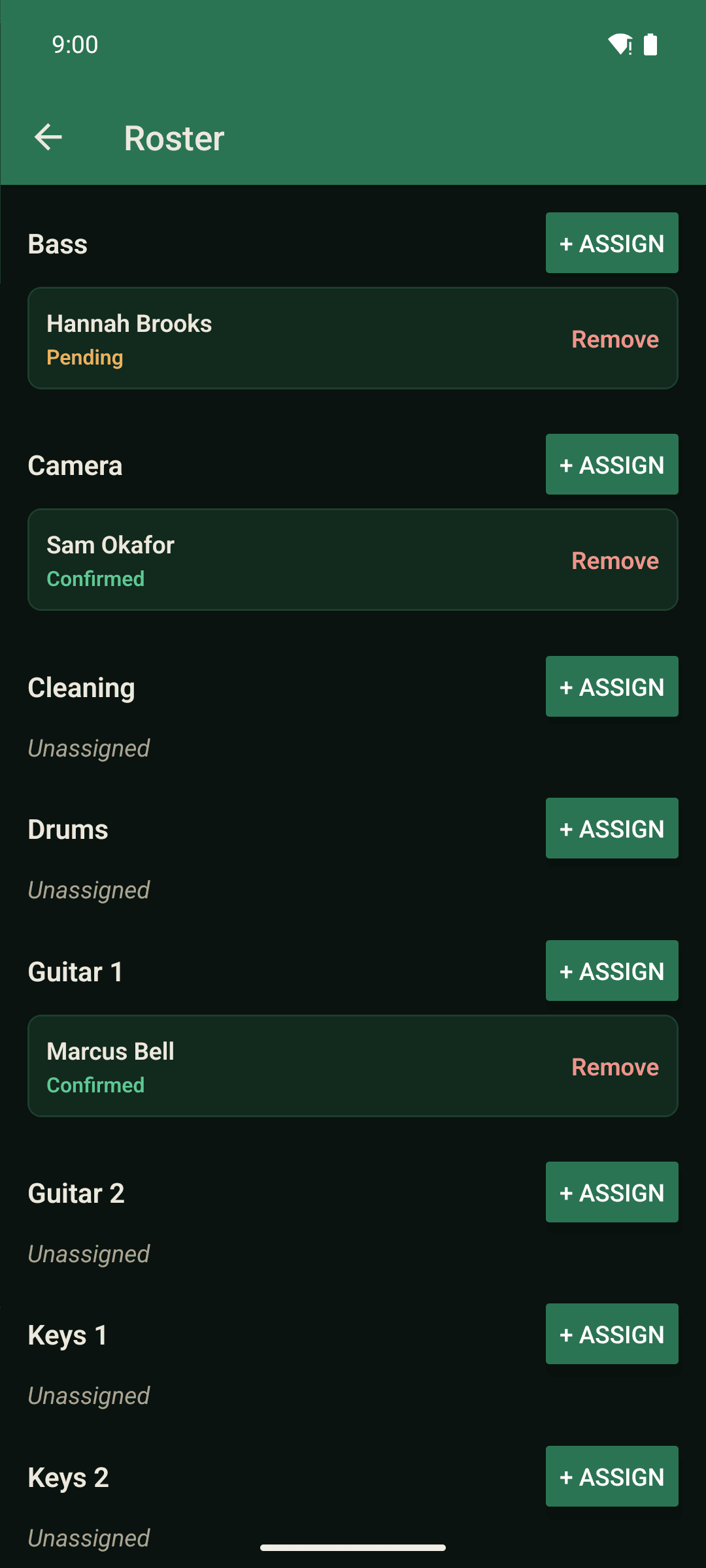 The roster screen in the Servant's Heart app, showing volunteers by position and whether they have confirmed.
