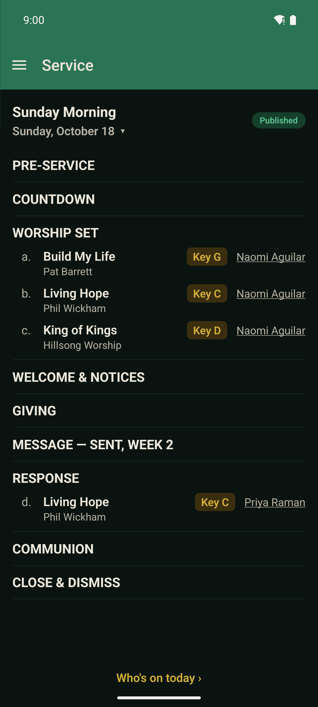 A run sheet in the Servant's Heart app, with each part of the service, its song and its length.